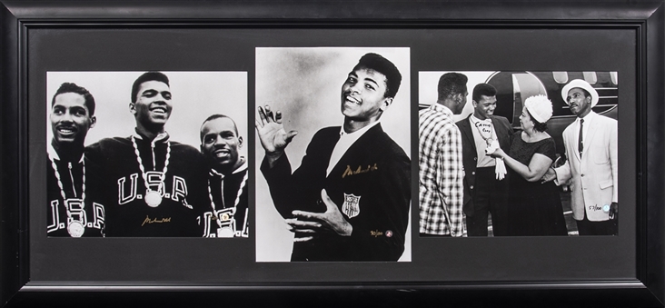 Muhammad Ali Signed 20x44" Framed Collage Including Three (3) Rare Signed 1960 Olympics 11x14 Photos With One Signed as Cassius Clay (JSA)